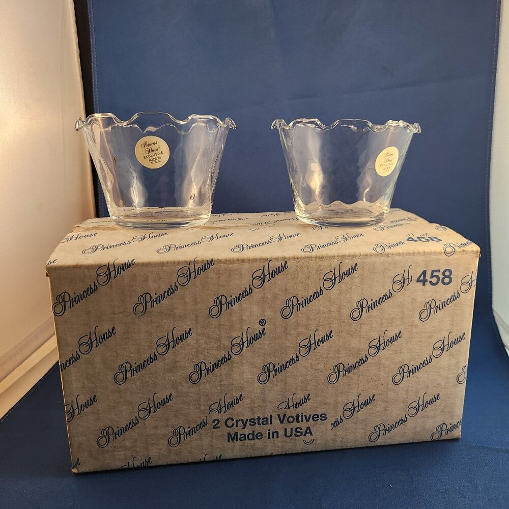 Princess House Optic Waves Ruffle Top Crystal Votive Candle Holders Set/2 NIB